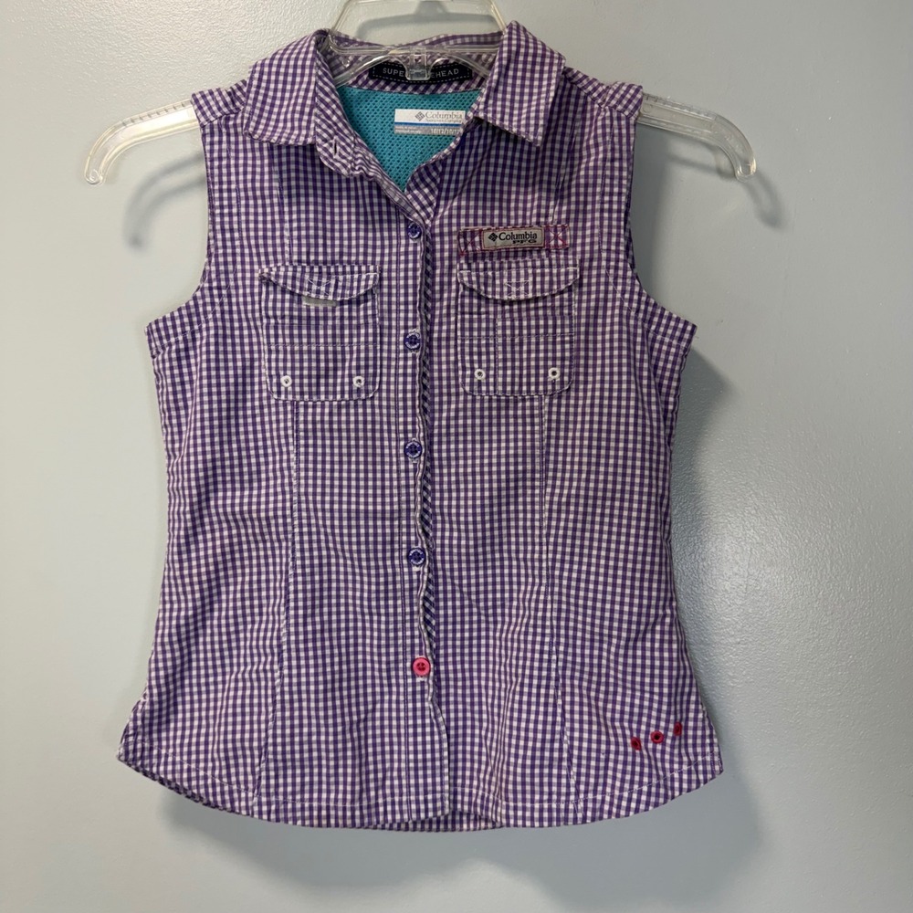 Columbia PFG Super Bonehead Kids Girls Purple Gingham Sleeveless Fishing Shirt L